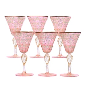 (6) Wine Stems, Salvati Murano Hand Painted Art Glass