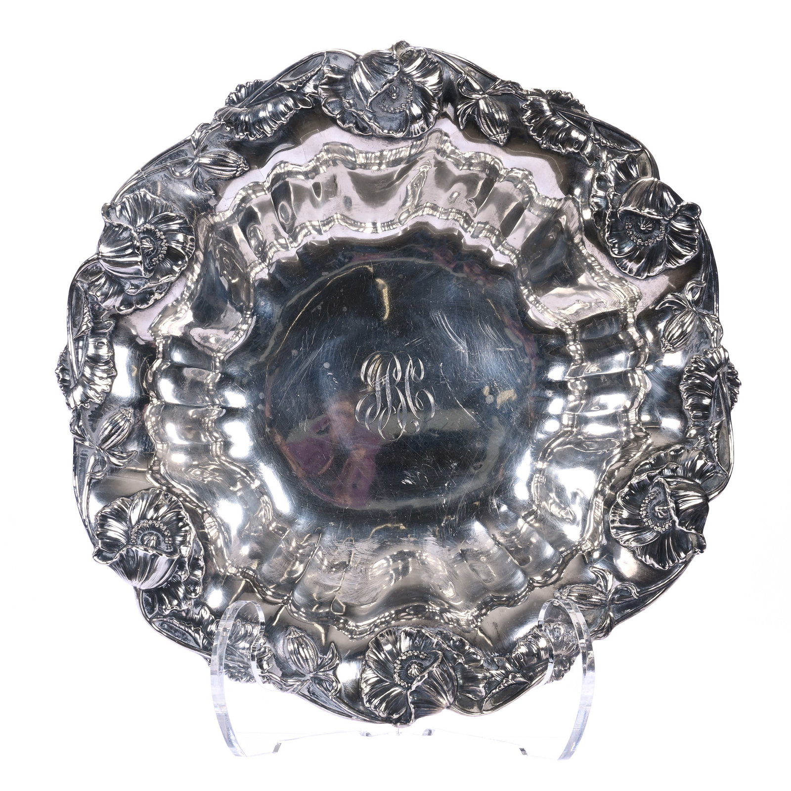 Bowl, Sterling Silver Marked Unger Brothers #0852: Bowl, Sterling Silver Marked Unger Brothers #0852, 11" , Huge Embossed Poppy Border, Total Weight Of 380 Grams, Arkansas Private Estate Collection
