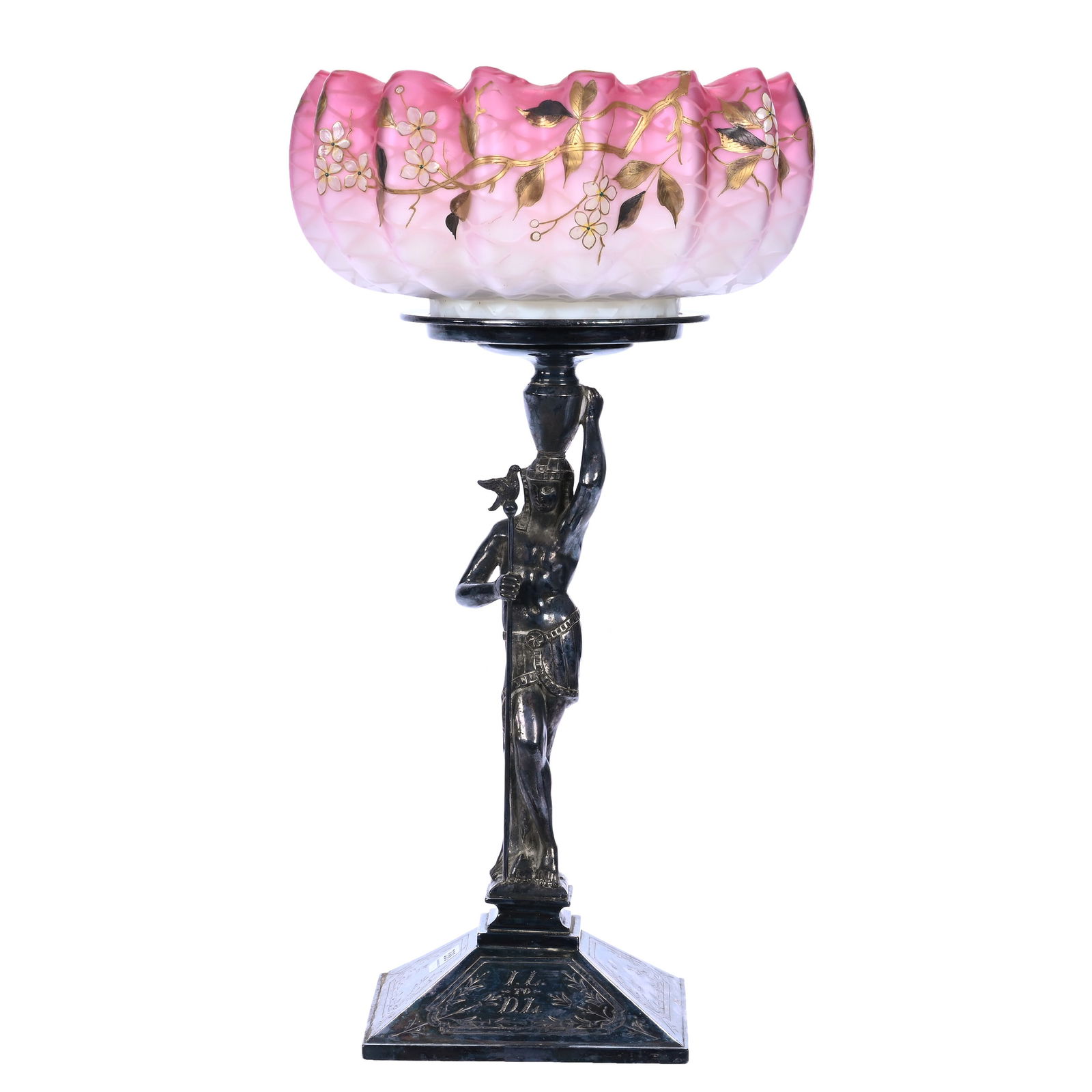 Victorian Brides Basket, Pink Satin Diamond Quilted MOP Melon Ribbed Bowl Marked Meriden (1 of 6)