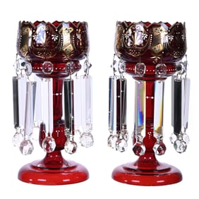 Pair Candle Lusters, Solid Dark Ruby Art Glass With Gold Stencil & White Enamel Decor