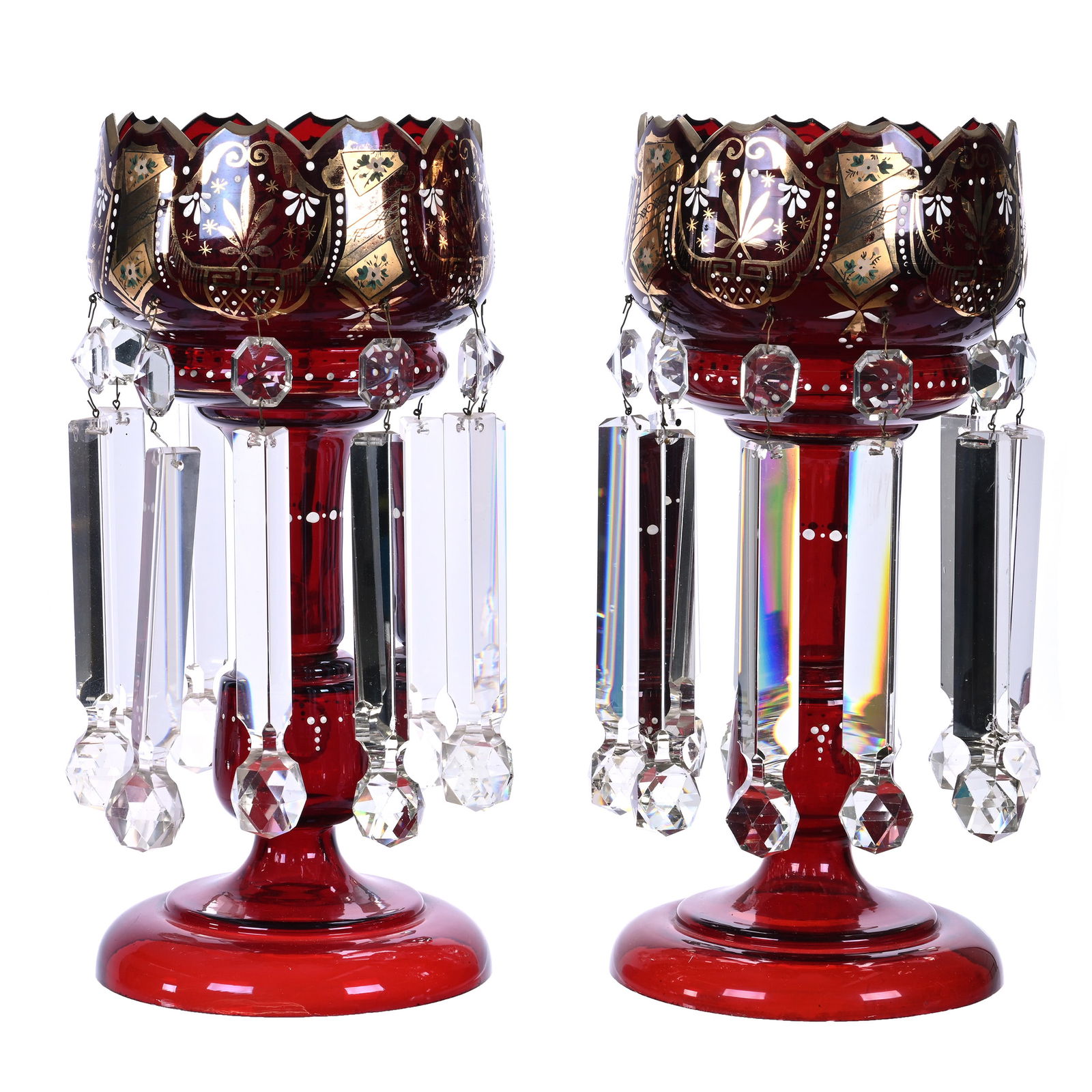 Pair Candle Lusters, Solid Dark Ruby Art Glass With Gold Stencil & White Enamel Decor (1 of 5)