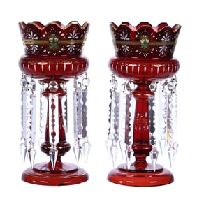 Pair Candle Lusters, Solid Ruby Art Glass With Gold Stencil & White Enamel Decor
