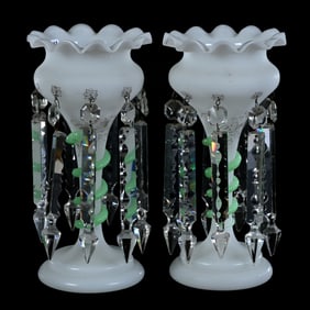 Pair Candle Lusters, White Opaque With Gold Stencil Highlights, Green Applied Serpent Stem