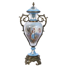 Pedestal Covered Urn, Two Handles, Sevres Hand Painted Porcelain