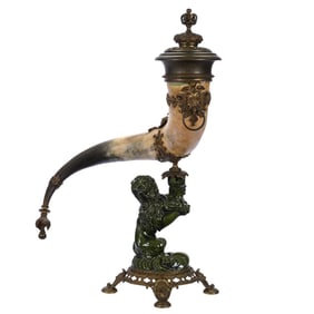 French Trophy Hunting Horn, Green Porcelain Rampant Lion Holding Castle Turret Which Holds Horn In P