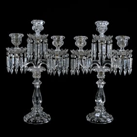 Pair Candelabra, Three Arm, Clear Crystal Attributed To Baccarat