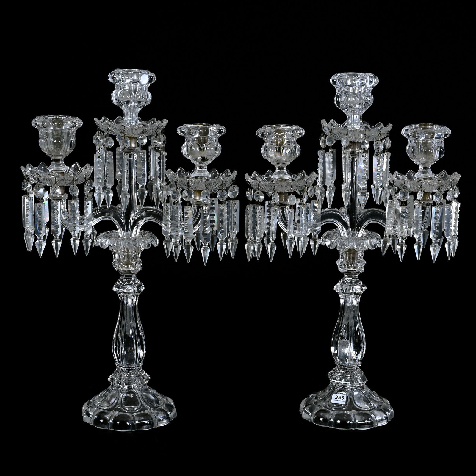 Pair Candelabra, Three Arm, Clear Crystal Attributed To Baccarat (1 of 4)