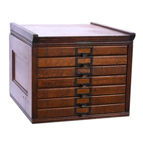 Spool Cabinet, Oak Seven Drawer, Metal Badge Marked "Yawman & Erbe Manufacturing Co., Rochester Ny