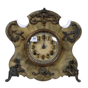 Iron Mantel Clock By New Haven, Green Marbleized Painted Iron Case