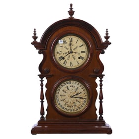 Welch Spring & Company, "Wagner" Model Double Dial Calendar Clock, Walnut Case