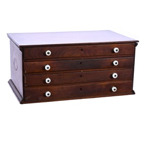 Spool Cabinet, Oak Four Drawer With Porcelain Pulls