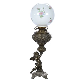 Banquet Lamp, Figural Brass Base Featuring Cherub