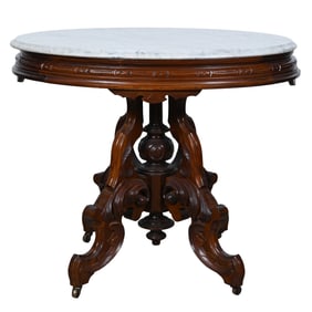 Victorian Walnut Parlor Table, White Marble Top, In Style Of Berkey & Gay