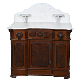 Victorian Burl Walnut Commode, White Marble Top