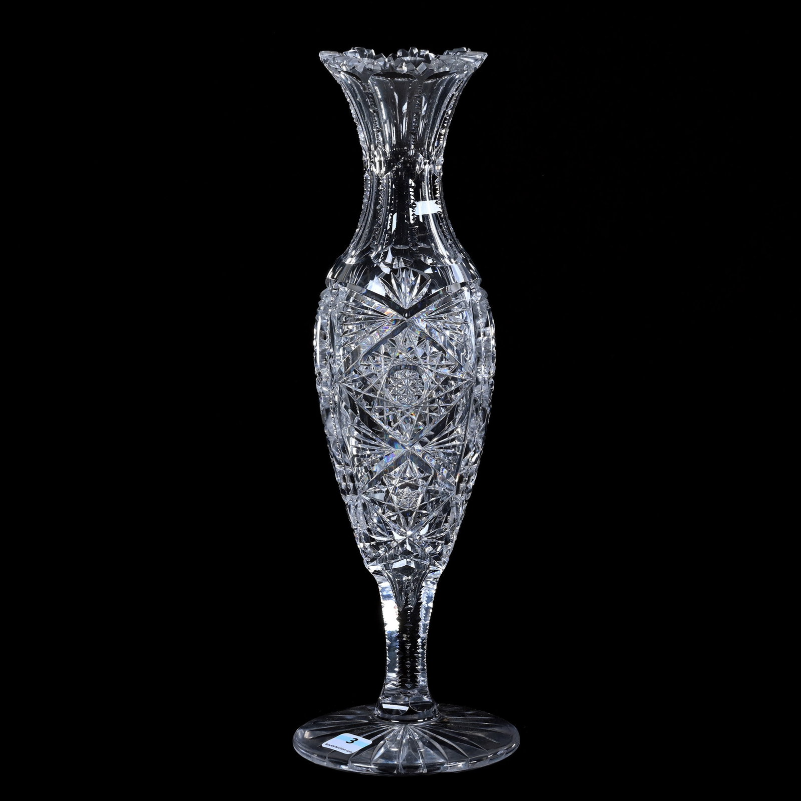 Pedestal Vase, American Brilliant Cut Glass, Hobstar, Fan, And Prism Motif: Pedestal Vase, American Brilliant Cut Glass, Hobstar, Fan, And Prism Motif, 13.75" x 4.5", Ray Cut Foot, Arkansas Private Estate Collection.