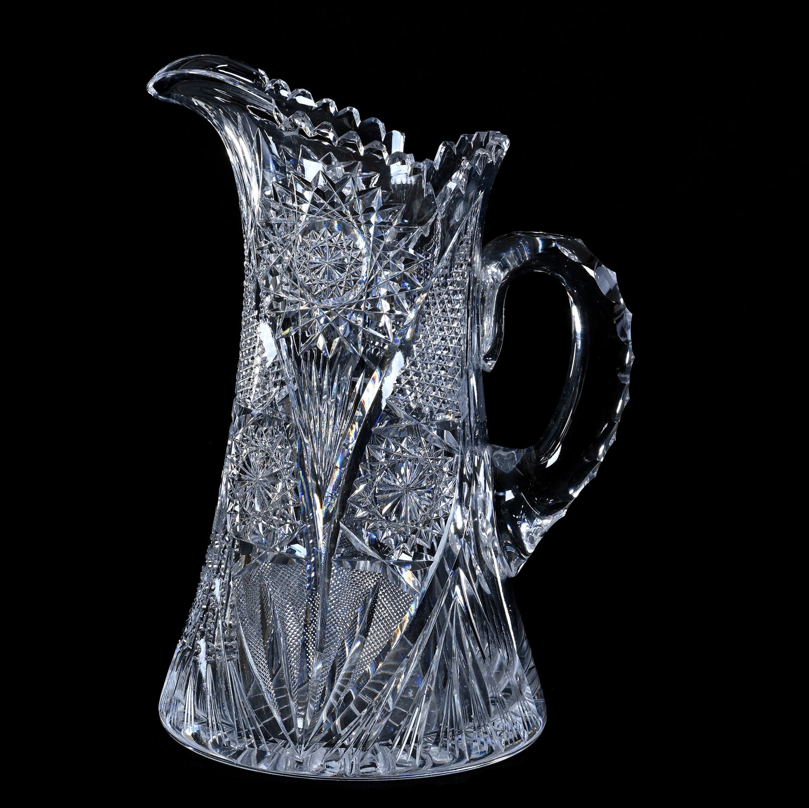 Pitcher, American Brilliant Cut Glass, Angora Pattern by Quaker City: Pitcher, American Brilliant Cut Glass, Angora Pattern by Quaker City, 10.75" x 7.75", Triple Notched Handle, Ray Base, Clear Blank, Two Rim Chips, Arkansas Private Estate Collection. UPDATED 10-14-25: