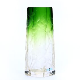 Eight Sided Vase, Unmarked Moser, Green Shading To Clear Art Glass