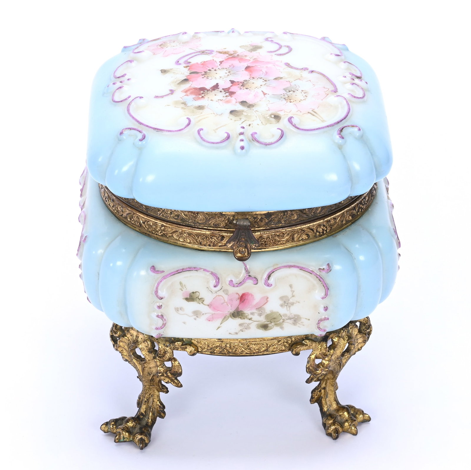 Jewel Box, Wave Crest Banner Mark: Jewel Box, Wave Crest Banner Mark, 5.75" x 5.25" x 5.25", Blue And White Tones With Pink Floral Decor, Gilt Metal Claw Feet, Arkansas Private Estate Collection.