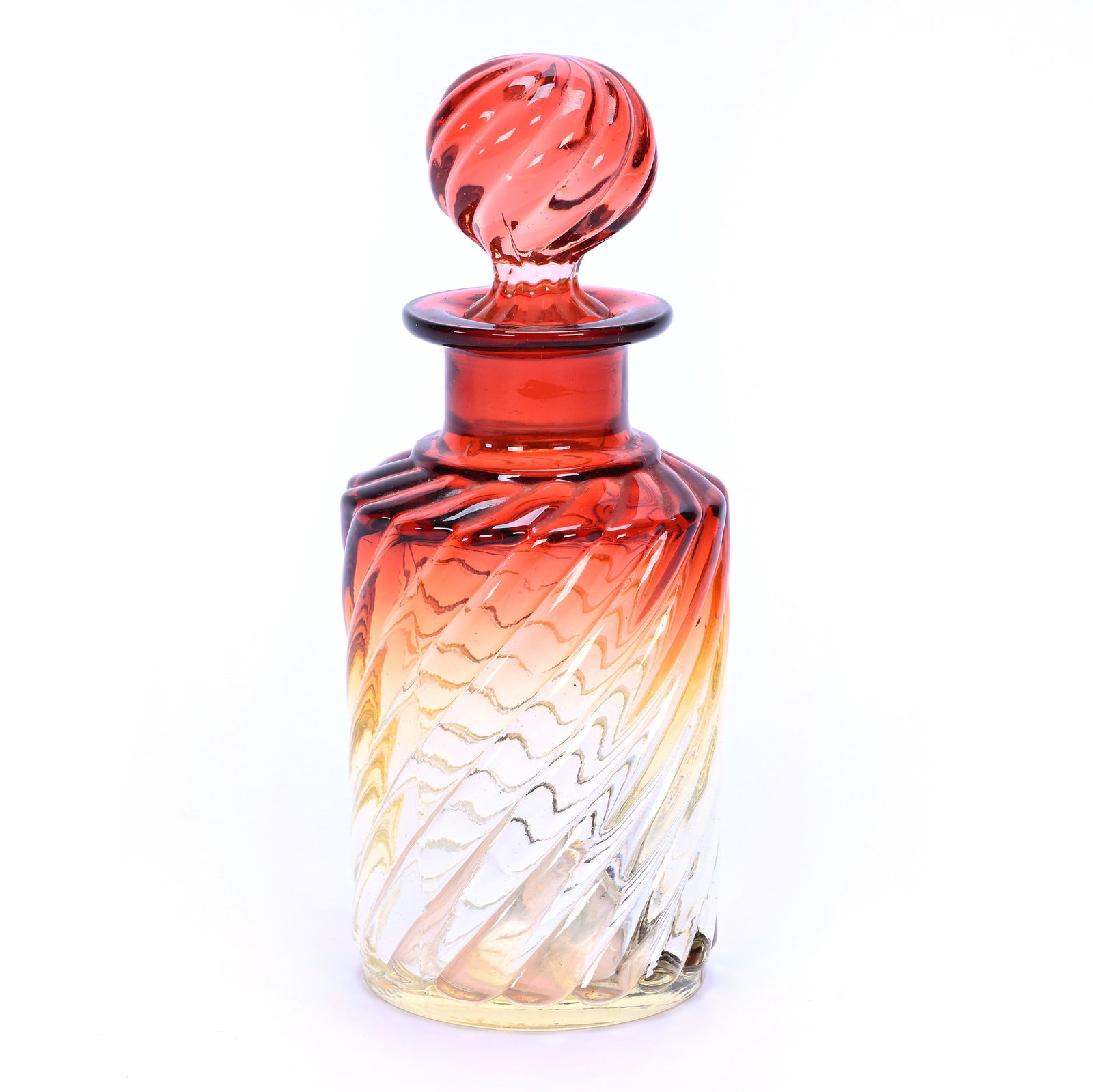 Cologne Bottle, Unmarked Baccarat, Rose Tinte Swirl: Cologne Bottle, Unmarked Baccarat, Rose Tinte Swirl, 6.25" x 2.75", Lots Of Yellow, Nick On Stopper Plug, Arkansas Private Estate Collection.