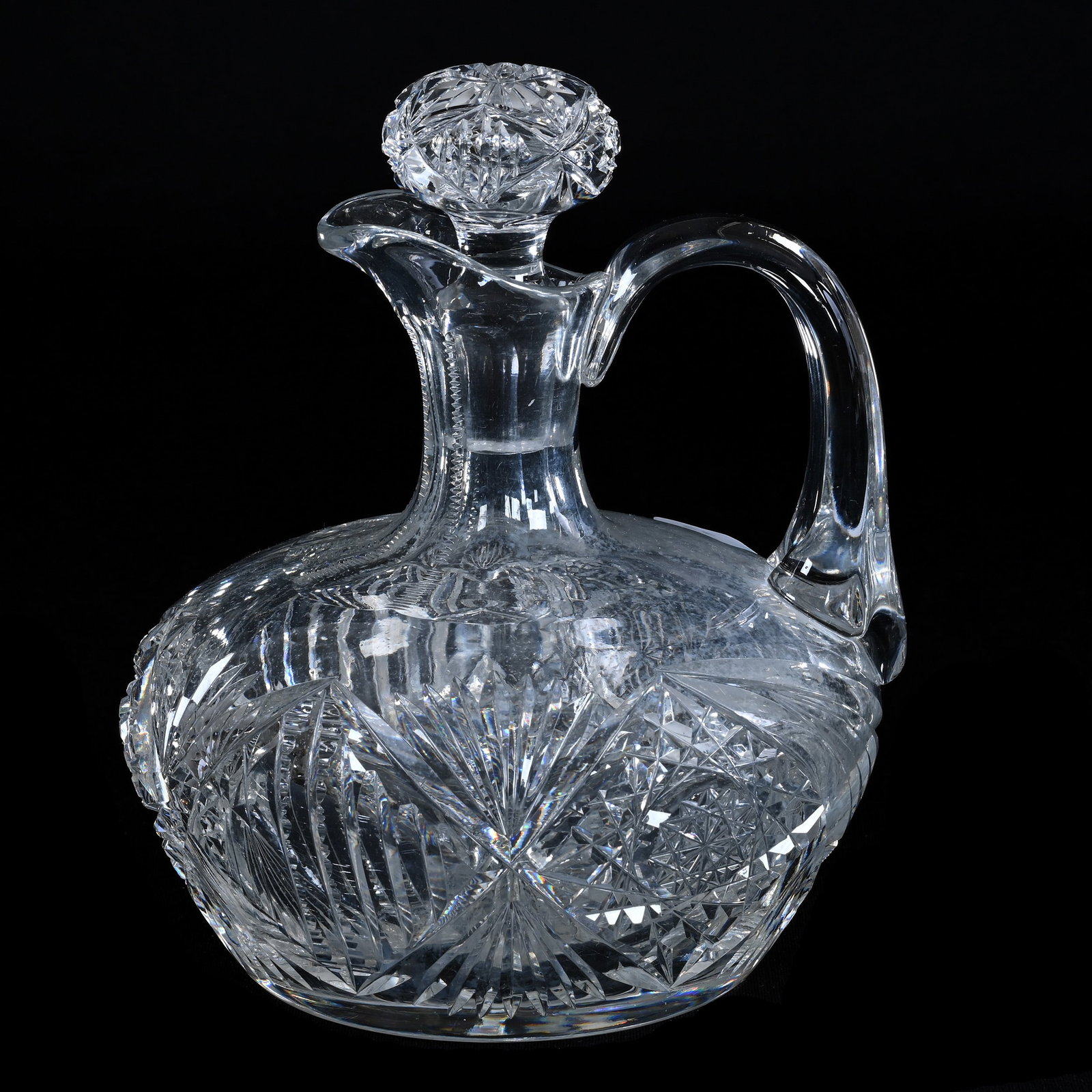 Ship Decanter, American Brilliant Cut Glass: Ship Decanter, American Brilliant Cut Glass, 7" x 5.75", Hobstar, Prism, And Fan Motif, Mattern Matched Stopper, Ray Cut Base, Arkansas Private Estate Collection.