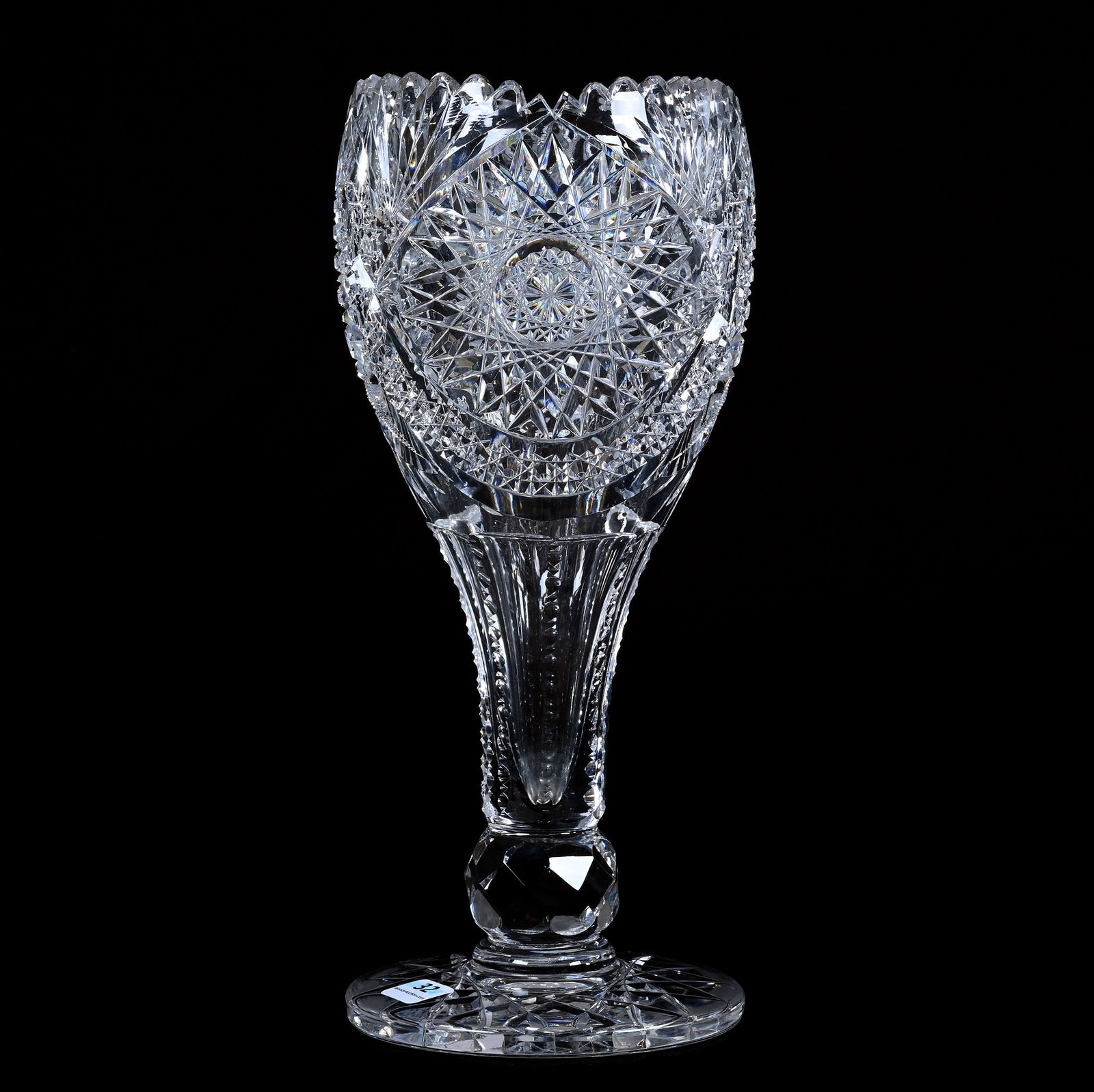 Chalice Vase, American Brilliant Cut Glass: Chalice Vase, American Brilliant Cut Glass, 12.25" x 5", Two Alternating Sections Of Hobstar, Cane, Crosscutting, And Fan Motif, Faceted Cut Knob Stem, Hobstar Foot, Arkansas Private Estate Collection
