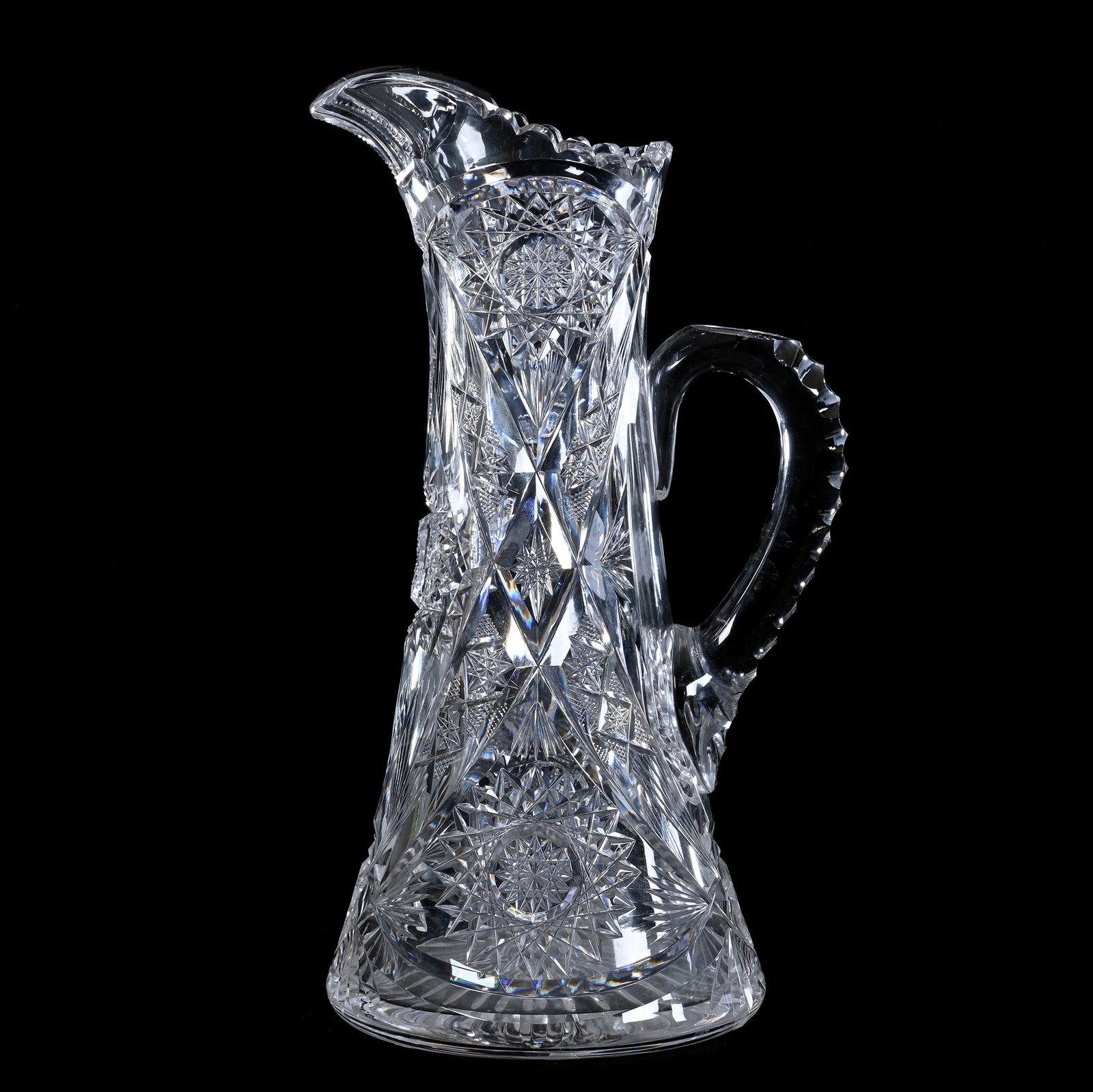 Tankard, American Brilliant Cut Glass, Signed Libbey: Tankard, American Brilliant Cut Glass, Signed Libbey, 13" x 7.5", Hobstar, Vesica, Crosscutting, And Fan Motif, Triple Notched Handle, Ray Cut Base, Arkansas Private Estate Collection.