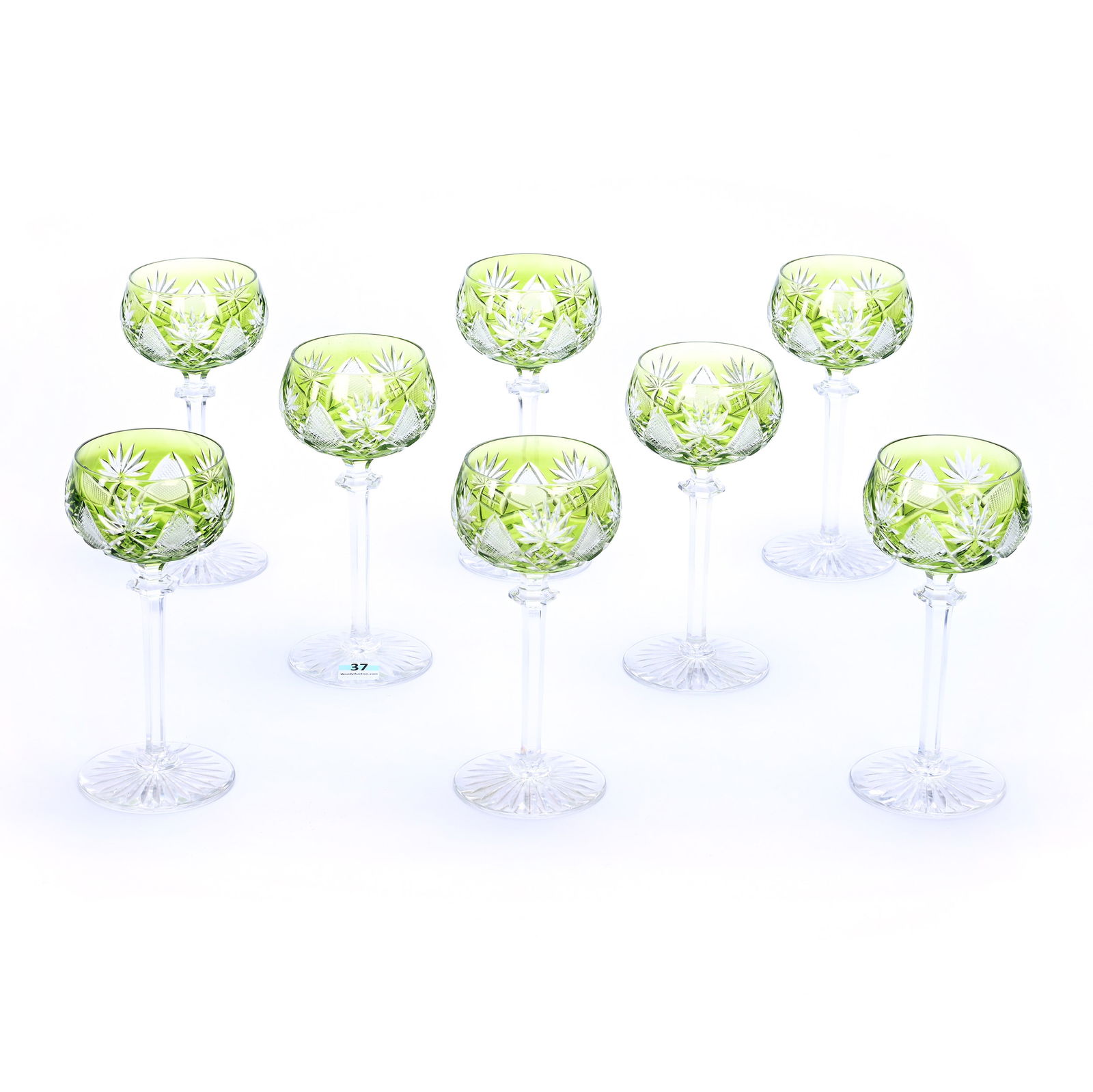 (8) Wine Stems, Brilliant Period Cut Glass, Berncastel Pattern By Val St. Lambert: (8) Wine Stems, Brilliant Period Cut Glass, Berncastel Pattern By Val St. Lambert, 7" x 3.25", Green Cut To Clear, Ray Cut Foot, Arkansas Private Estate Collection.