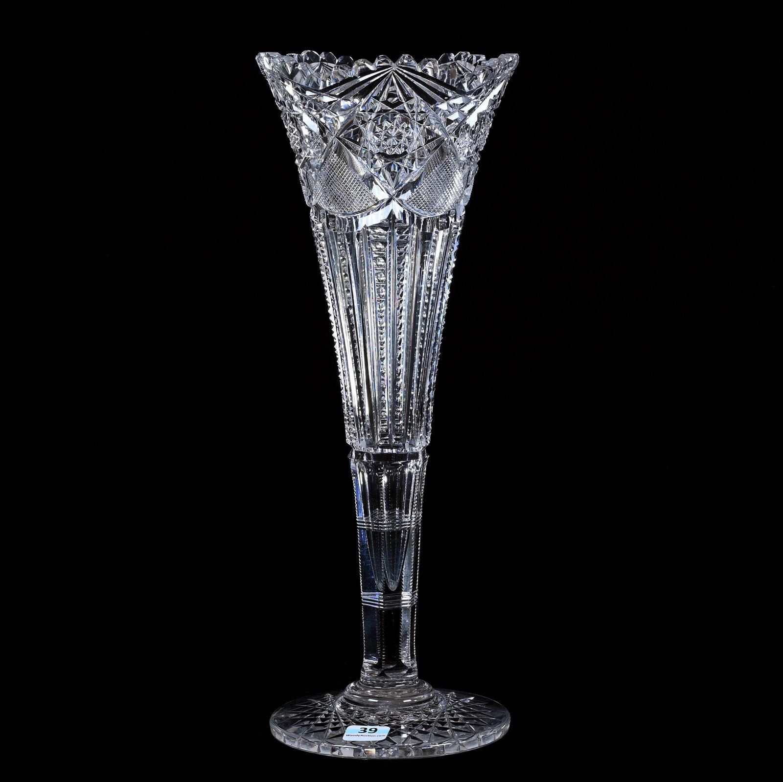 Trumpet Vase, American Brilliant Cut Glass, Signed J. Hoare Pluto Pattern: Trumpet Vase, American Brilliant Cut Glass, Signed J. Hoare Pluto Pattern, 14" x 5", Hobstar Foot, Quality Blank, Minor Tooth Nicks, Arkansas Private Estate Collection.