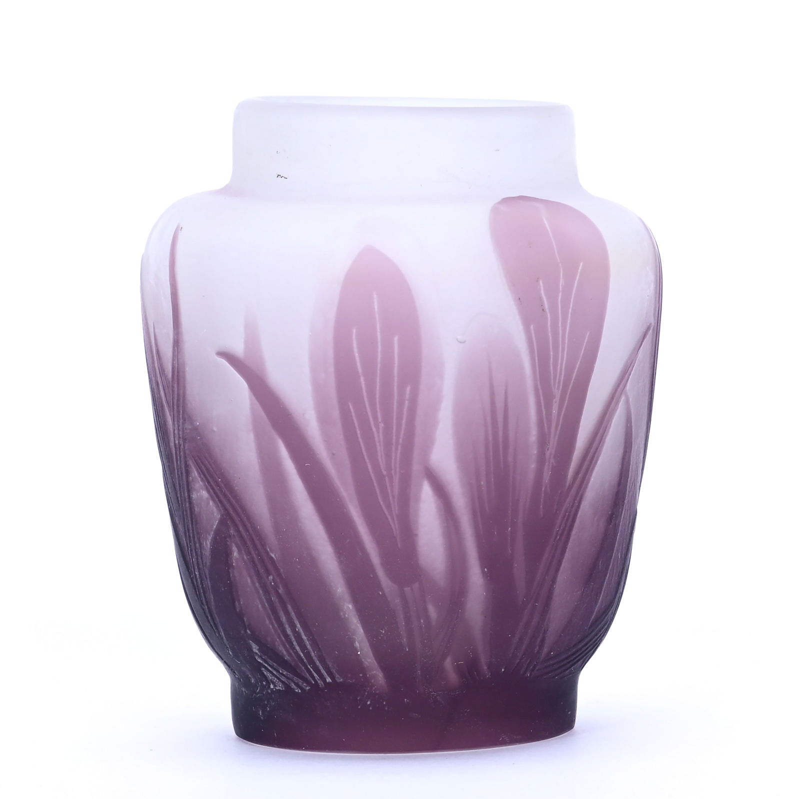 Vase, Signed Galle, French Cameo Art Glass: Vase, Signed Galle, French Cameo Art Glass, 3" x 2.5", Frosted White And Amethyst Background With Amethyst Cutback Floral Overlay, Arkansas Private Estate Collection.