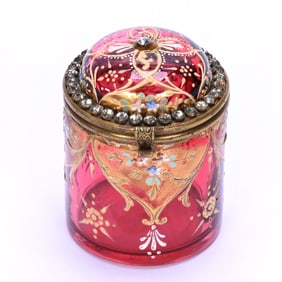 Jewel Box, Cranberry Art Glass With Enameled Floral Decor