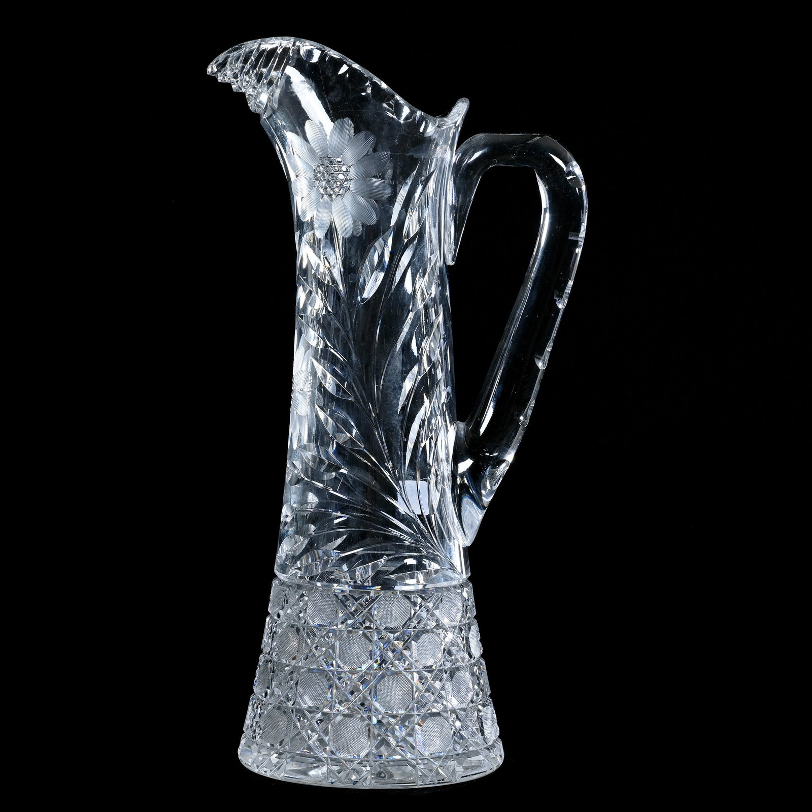 Tankard, American Brilliant Cut Glass, Harvard And Daisy Motif: Tankard, American Brilliant Cut Glass, Harvard And Daisy Motif, 13.75" x 7.25", Double Notched Handle, Ray Cut Base, Arkansas Private Estate Collection.