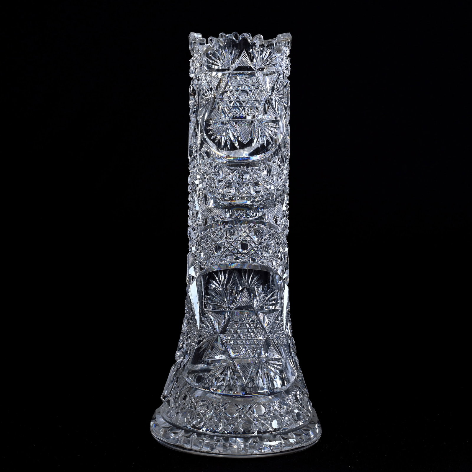 Vase, American Brilliant Cut Glass: Vase, American Brilliant Cut Glass, 12" x 5", Modified Flashed Hobstars, Cane, Crosscutting, Hobstar, And Fan Motif, Hobstar Cut Base, Arkansas Private Estate Collection.