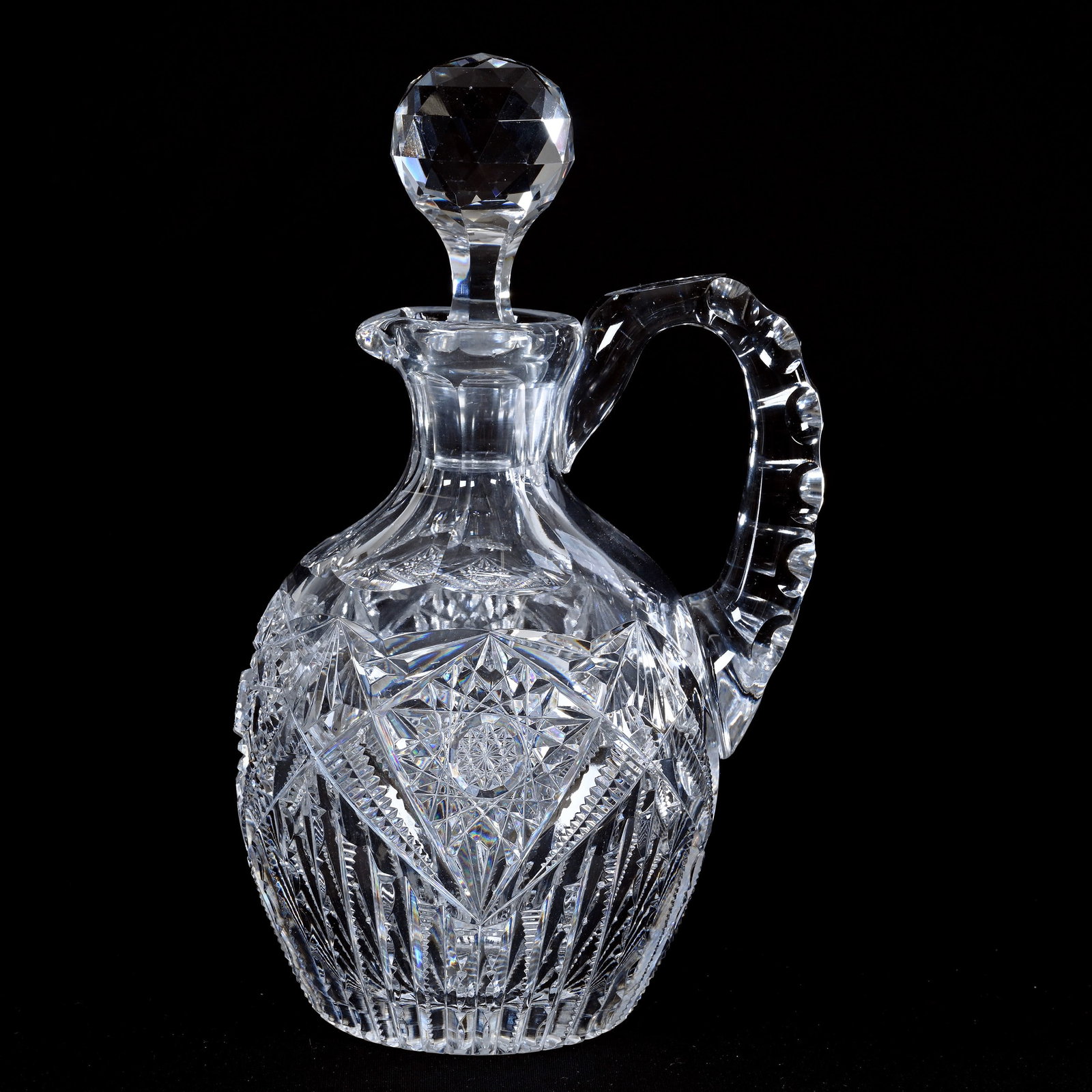 Decanter, American Brilliant Cut Glass: Decanter, American Brilliant Cut Glass, 10.25" x 6", Hobstar And Prism Motif, Ray Cut Base, Arkansas Private Estate Collection.
