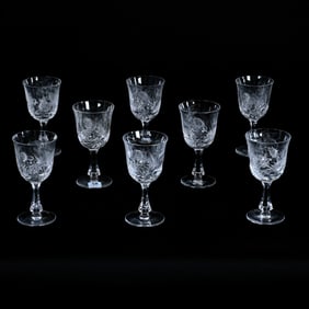 (8) Wine Stems, Cut Glass, Engraved Thistle Decor