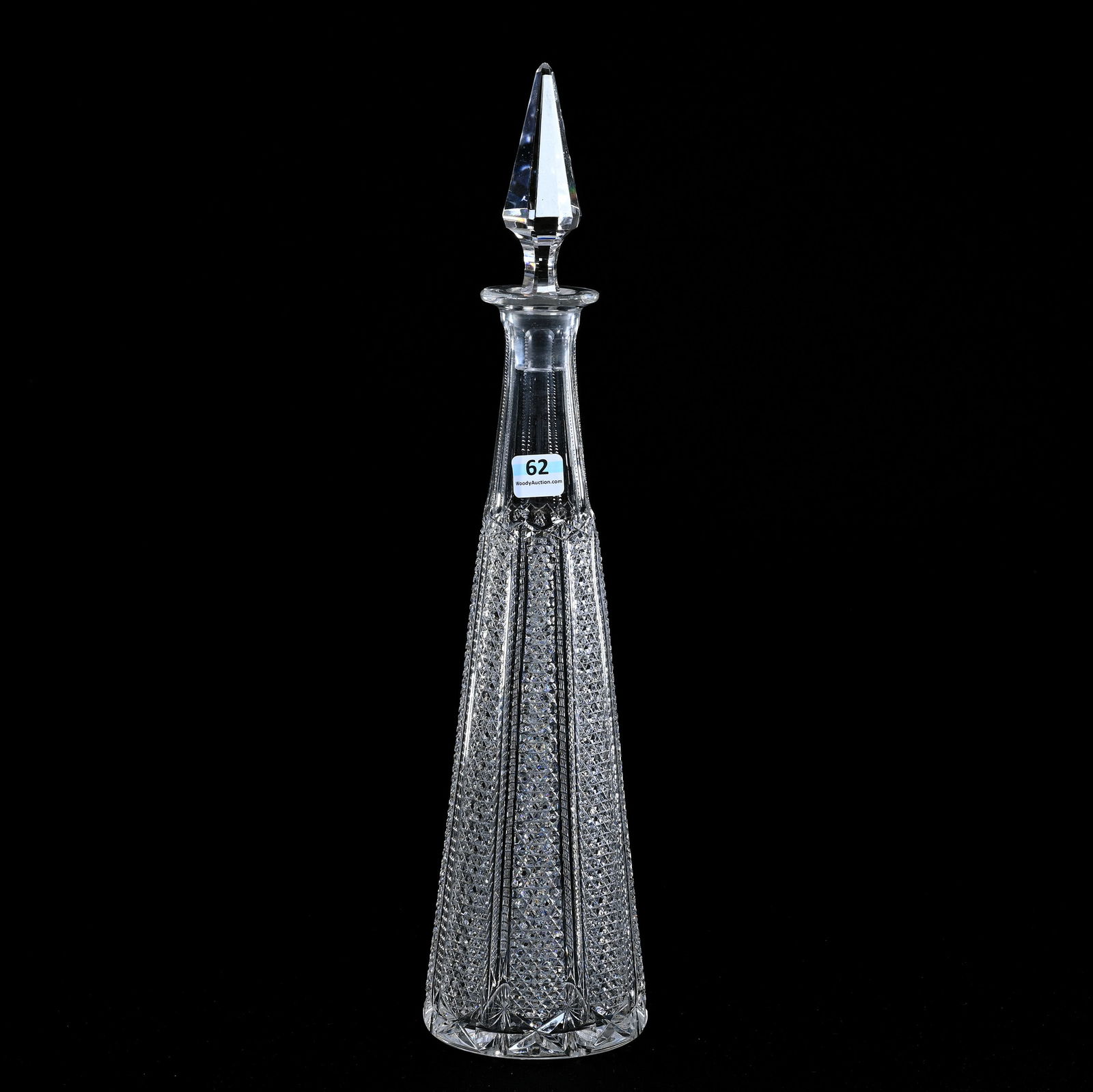 Pyramidal Shaped Decanter, American Brilliant Cut Glass: Pyramidal Shaped Decanter, American Brilliant Cut Glass, 16.25" x 4", Alternating Panels Of Nailhead Diamond And Clear Channels, Raycut Base, Arkansas Private Estate Collection.