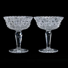 Pair Compotes, American Brilliant Cut Glass, Harvard Pattern