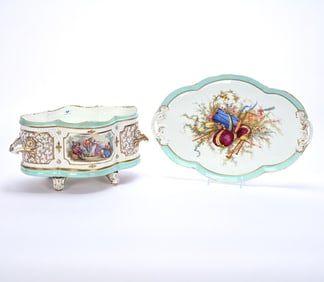 Unmarked Berlin Porcelain Footed And Handled Cache Pot With Serving Tray