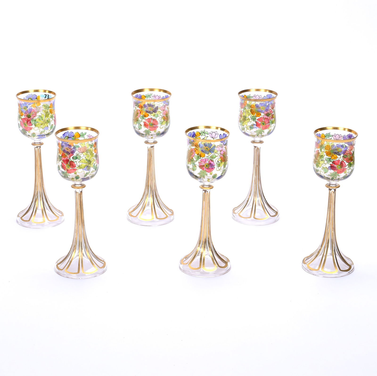 (6) Wine Stems, Clear Art Glass With Colorful Floral Decor, Attributed To Fritz Heckert: (6) Wine Stems, Clear Art Glass With Colorful Floral Decor, Attributed To Fritz Heckert, 8" x 3", Nice Gold Highlights, Arkansas Private Estate Collection.