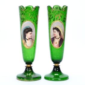 Pair Pedestal Vases, Solid Green Bohemian Art Glass
