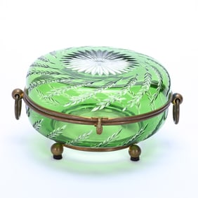 Handled Round Hinged Dresser Box, Brilliant Period Cut Glass, Green Cut To Clear