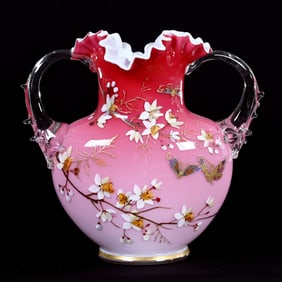 Two Handled Vase, Cased Peachblow Art Glass Attributed To Harrach