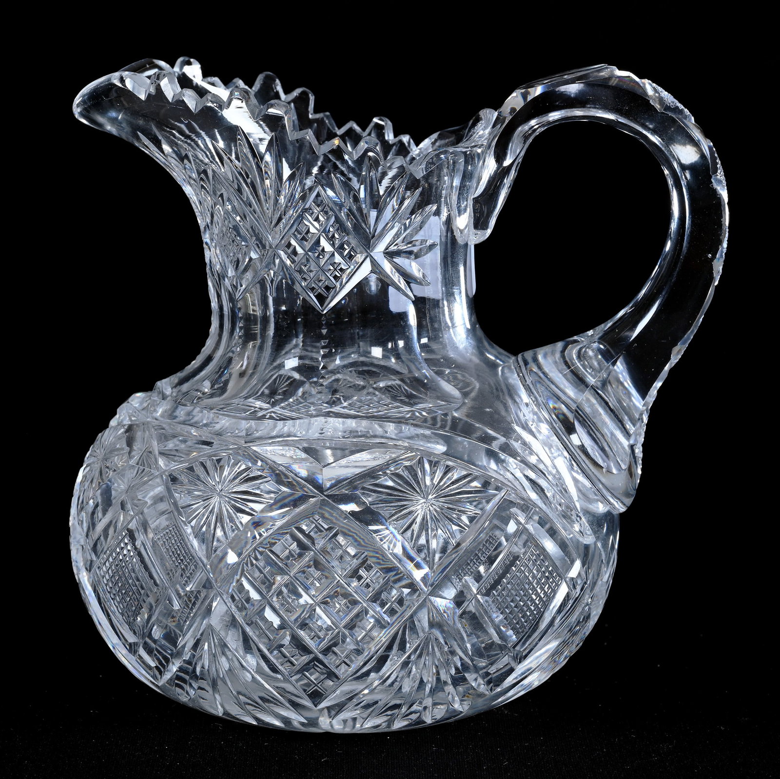 Milk Pitcher, Brilliant Period Cut Glass: Milk Pitcher, Brilliant Period Cut Glass, 6" x 6", Crosscut Diamond, Crosscutting, Star, And Fan Motif, Pattern Cut Handle, Ray Cut Base, Arkansas Private Estate Collection.