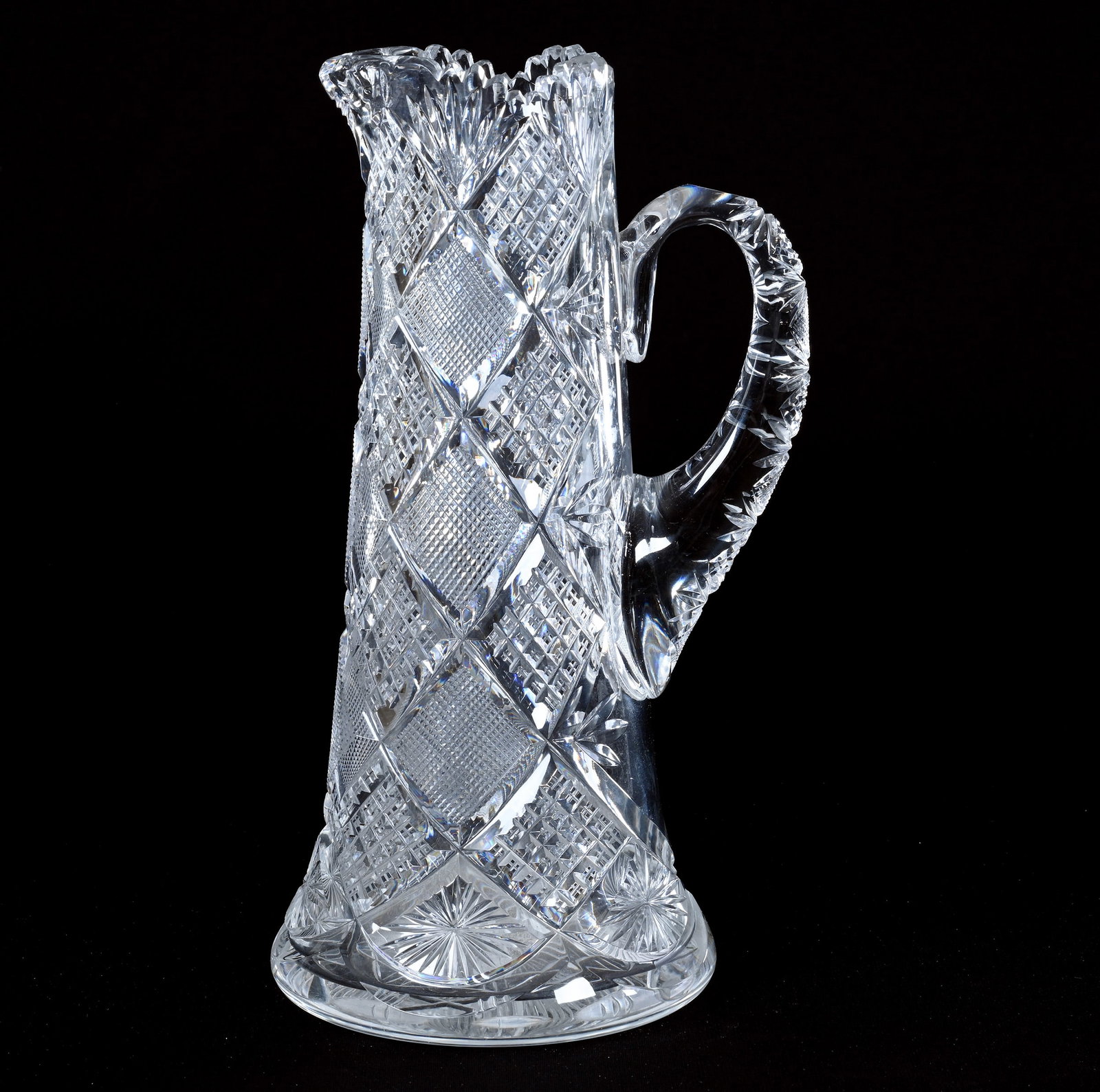 Tankard, American Brilliant Cut Glass, Wheeler Pattern By Mt. Washington: Tankard, American Brilliant Cut Glass, Wheeler Pattern By Mt. Washington, 11.5" x 6", Pattern Cut Handle, Pattern Cut Base, Arkansas Private Estate Collection.