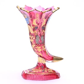 Pedestal Cornucopia Shaped Vase, Cased Cranberry Bohemian Art Glass