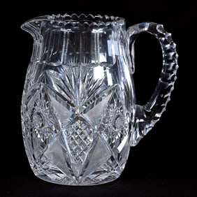 Barrel Shaped Pitcher, American Brilliant Cut Glass, Signed Libbey Corinthian Pattern