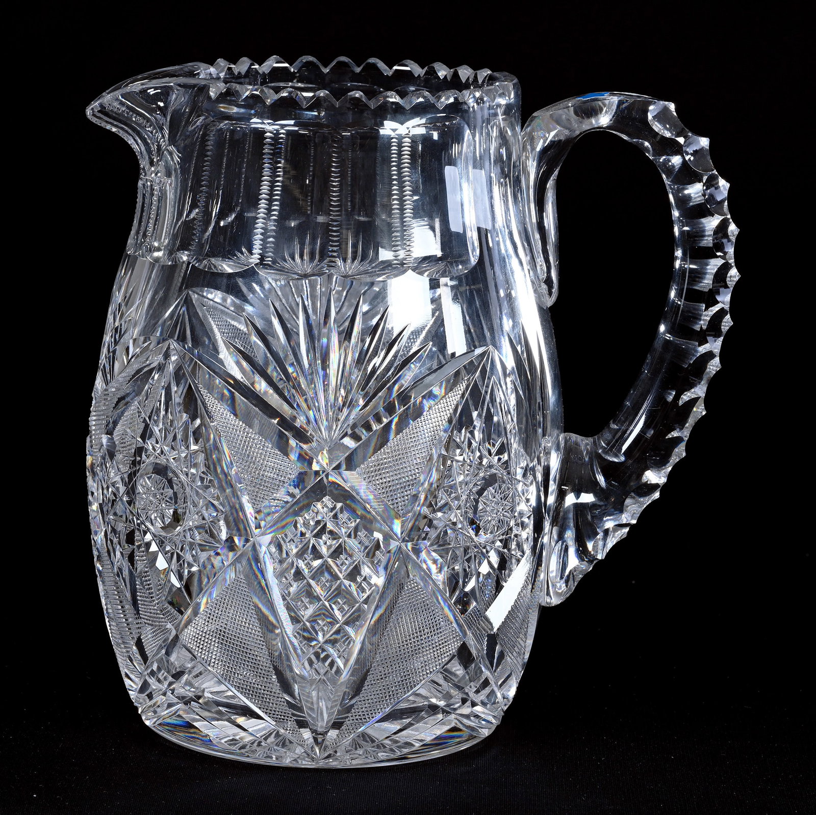 Barrel Shaped Pitcher, American Brilliant Cut Glass, Signed Libbey Corinthian Pattern: Barrel Shaped Pitcher, American Brilliant Cut Glass, Signed Libbey Corinthian Pattern, 8" x 7.5", Triple Notched Handle, Ray Cut Base, Arkansas Private Estate Collection.