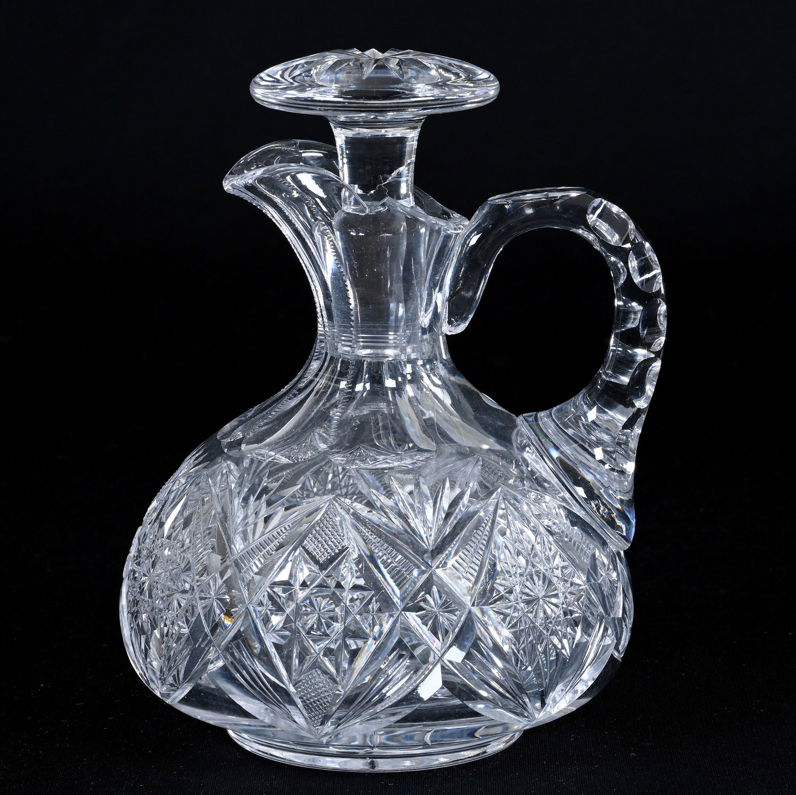 Squat Decanter, American Brilliant Cut Glass: Squat Decanter, American Brilliant Cut Glass, 7.25" x 5", Diamond Shaped Hobstars With Vesica, Zipper, And Fan Highlights, Mushroom Shaped Stopper, Ray Cut Base, Arkansas Private Estate Collection.