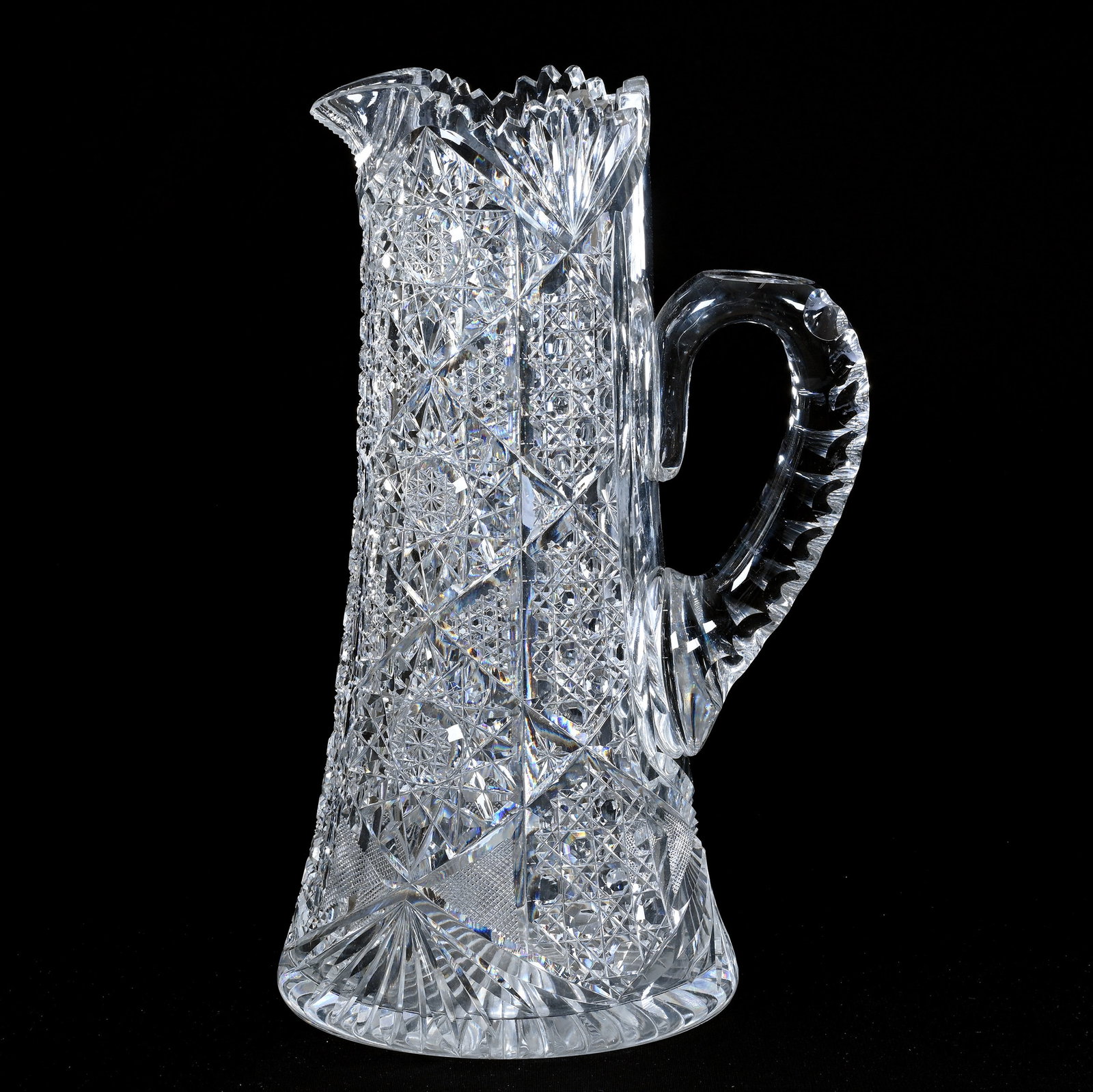 Tankard, American Brilliant Cut Glass: Tankard, American Brilliant Cut Glass, 12" x 7.25", Hobstar, Can, Nailhead Diamond, Crosscutting, Star, And Fan Motif, Double Notched Handle, Ray Cut Base, Arkansas Private Estate Collection.