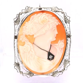 Antique Carved Shell Cameo Brooch/Pendant, Marked 14K White Gold Mounting