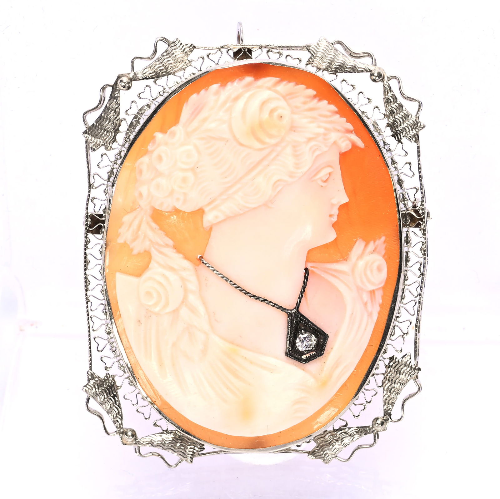Antique Carved Shell Cameo Brooch/Pendant, Marked 14K White Gold Mounting (1 of 2)